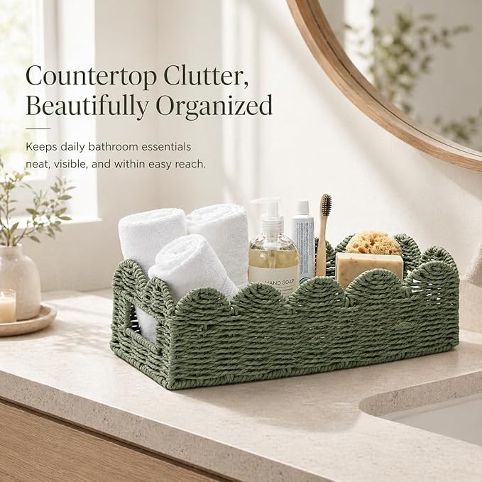 Scalloped Green Toilet Tank Basket for Back of Toilet, Wicker Bathroom Tray for Toilet Paper Storage, Bathroom Organizer for Tank Top, Countertop & Small Spaces