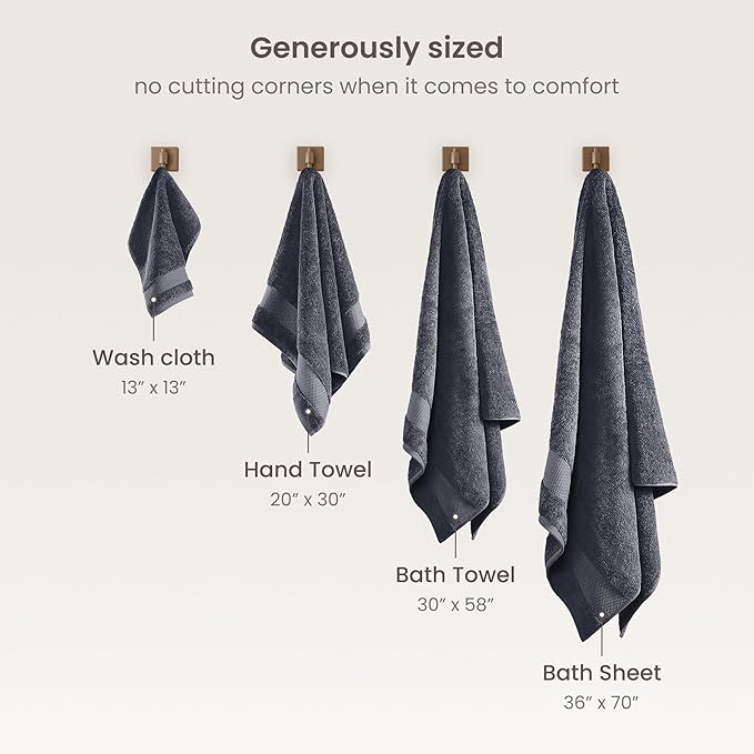 BIOWEAVES 100% Organic Cotton 700 GSM Plush 6-Piece Towel Set GOTS Certified, 2 Bath Towels, 2 Hand Towels & 2 Washcloths - Charcoal