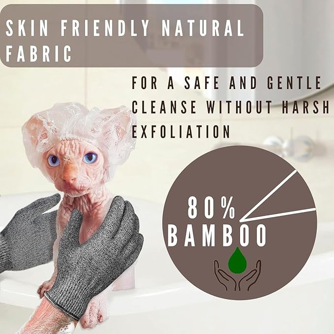 Sphynx Hairless Cats Bamboo Bath Gloves - Gentle Shower and Body Scrub Set (3 Pairs)