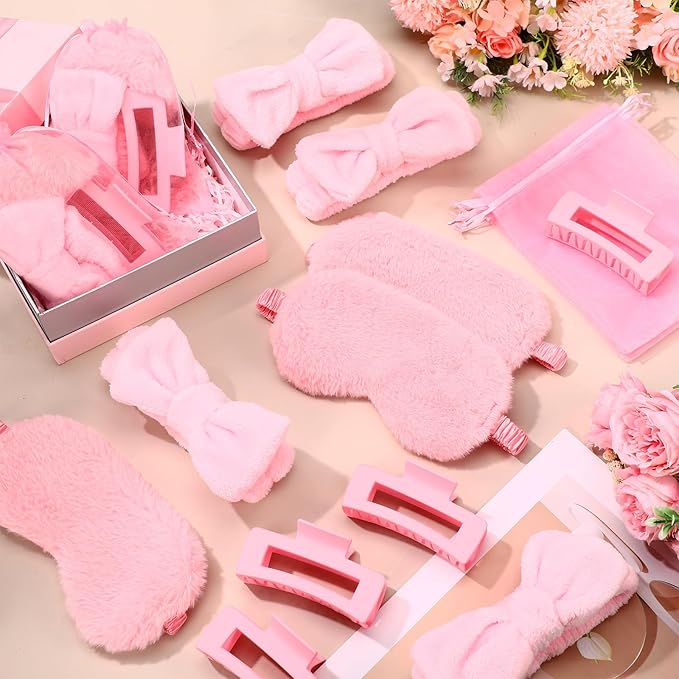 96 Pcs Spa Party Supplies Sleepover Essentials Gift for Mother's Day Spa Headband Plush Eye Mask Claw Clips Organza Bag for Women Adult Slumber Party Supplies (Pink)