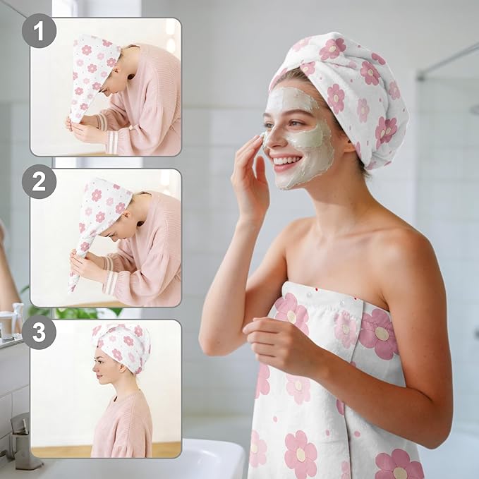 Absorbent Bath Towel Wrap Set for Women, Pink Flowers Print Towel Wrap After Shower, Microfiber Shower Robe Body Towel Wraps for Women, Quick Dry Hair Towels Wraps for Spa Hotel Beach Girl