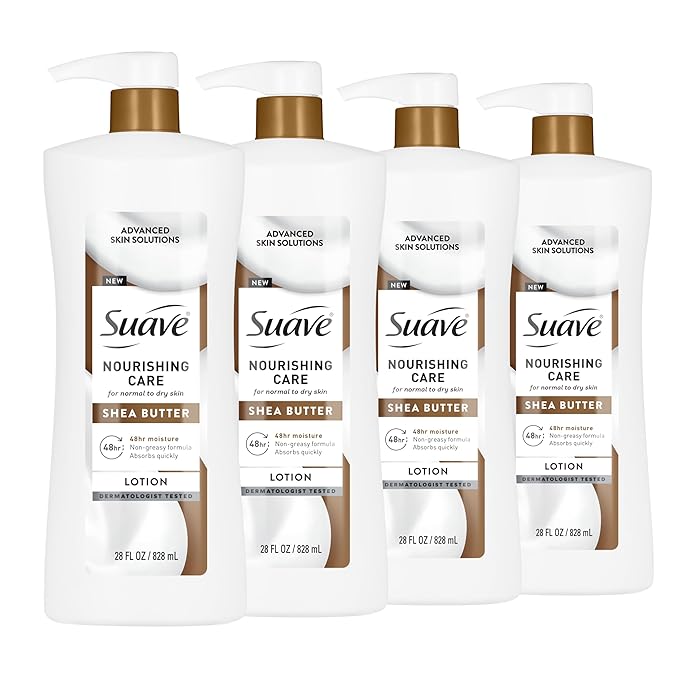 Suave Nourishing Care Hand & Body Lotion with Shea Butter for Women, Deep Moisture for Dry Skin, Fast Absorbing, Allergen Free Moisturizing Cream, 28 FL OZ, 4 Pack