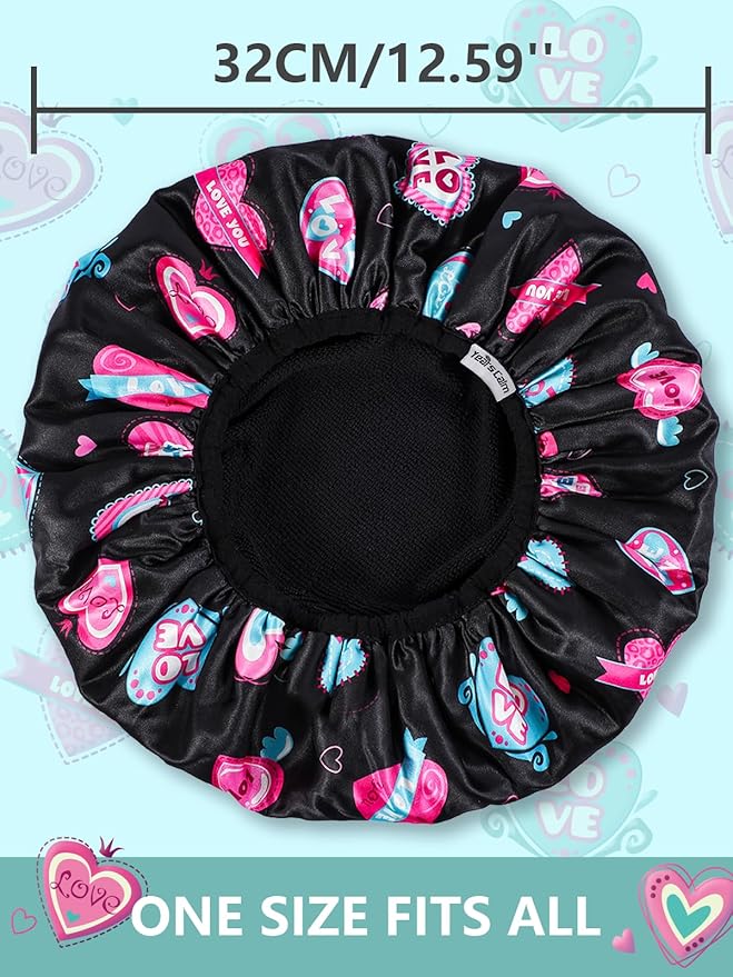 Years calm Terry Lined Shower Cap, Triple Layer Heart Motifs,Waterproof Reusable Elastic,Hair Shower Cap for Women,Terry Cloth Shower Caps for Spa,Clean,Trave (Black, One Size)