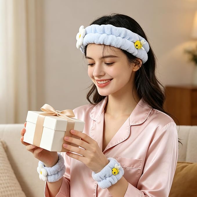 PERFECTSIGHT Kawaii Headband for Spa, Makeup, Washing Face, Party - 2 Pack Cute Hair Band for Shower Beauty Skincare, Soft Facial Headbands for Girls and Women (Blue Flower Bee)