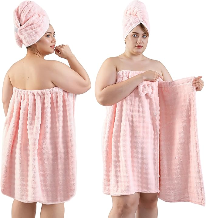 REDKISS Pink Plus Size Towel Wrap for Women, XL Adjustable Shower Wrap with Hair Towel, Super Absorbent Bath Towels Wrap for Body, Microfiber Plush Towel Wrap, Warmth Velcro Plus Size Wraps Towels
