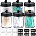 Amolliar 6Pc Apothecary Jars Bathroom Vanity Organizer- Rustic Farmhouse Decor Storage with Stainless Steel Lids- Qtip Dispenser Holder for Q-Tips, Cotton Swabs, Rounds, Ball, Flossers (Black)