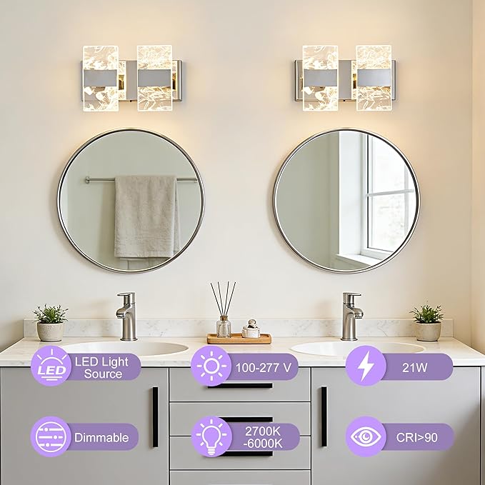 Modern LED Bathroom Light Fixtures Dimmable 2-Light Chrome Vanity Light, 5CCT Adjustable Lighting Fixture Vanity Lights Over Mirror, Smoked Acrylic LED Vanity Lights for Bathroom