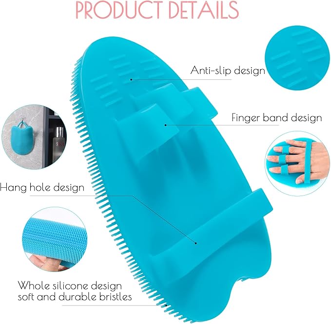 1 Pack Pure Silicone Food-Grade Body Brush Shower Cleansing Scrubber Gentle Exfoliating Glove Soft Bristles (Blue)