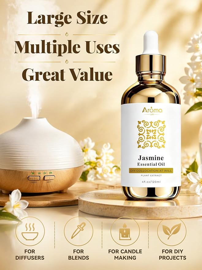 100% Pure Jasmine Essential Oil 4 fl oz - Essential Oils for Skin, Essential Oil for Diffusers, Home Fragrance, Aromatherapy & DIY Candle Making, Gifts for Women