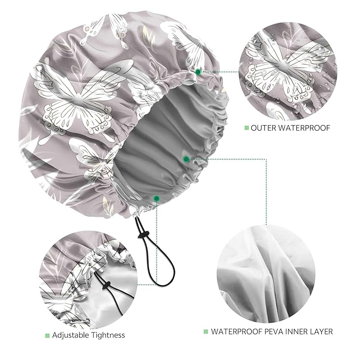 2 PCS Shower Cap Waterproof Double Layer Elastic Adjustable Reusable Hair Bath Caps for Girls Women Cute Aesthetic-White