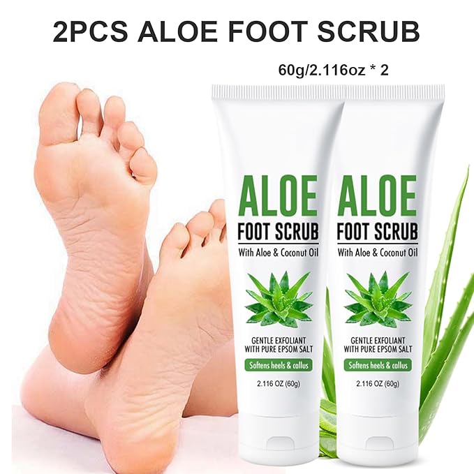 Aloe Vera & Coconut Oil Foot Scrub - Foot Exfoliating Scrub with Vitamin E Pure Salt Moisturize for Dry, Rough, Cracked Feet Heels and Calluses - Feet Exfoliator for Women and Men (2 Pack, 2.1oz)