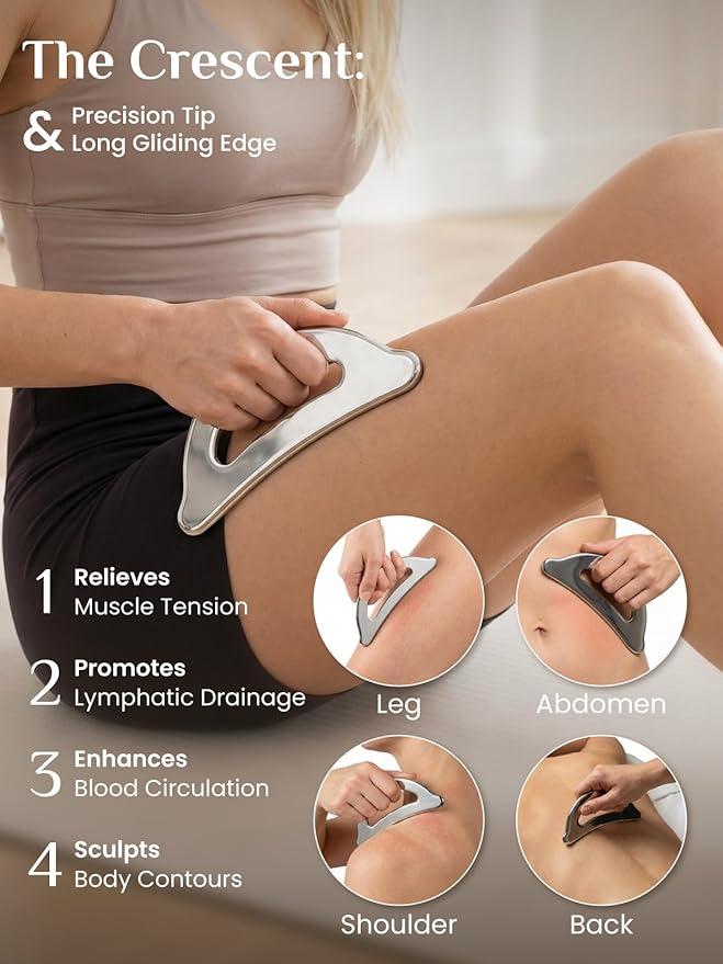 Rena Chris Gua Sha & Muscle Scraper Tool, Stainless Steel Body & Face Gua Sha Set for Deep Tissue Massage & Lymphatic Drainage, Guide & Travel Pouch Included (3-Piece Kit)