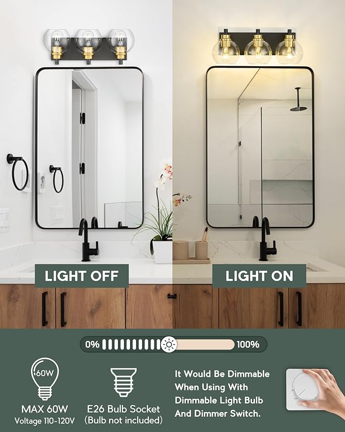 Bathroom Light Fixtures, 3-Light Black and Gold Bathroom Vanity Light, Modern Wall Sconces with Globe Clear Glass Shade, Vanity Lighting Fixtures Over Mirror, VL195-KG-3