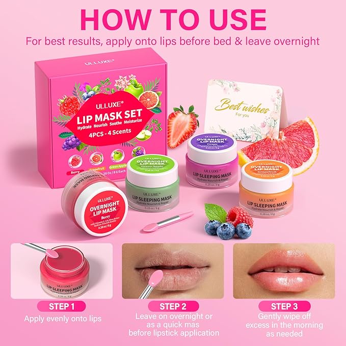 Lip Mask Set 4 Pcs, Mothers Day Gifts for Mom, Wife, Lip Care Products for Women & Teen Girls, Overnight Lip Masks to Hydrate, Nourish & Soften Lips, Lip Sleeping Mask to Moisturize Cracked Lips
