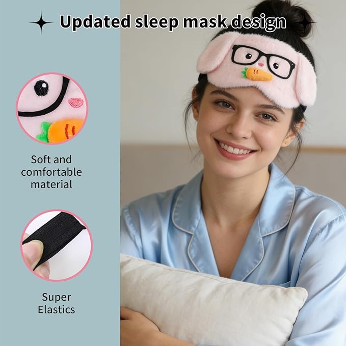 PERFECTSIGHT Sleep Eye Masks, Cute Plush Sleep Eye Cover Lightweight Adjustable Eyeshade Faux Fur Mask Cover for Women Men Kids Sleep Travel Nap, Glasses Bunny