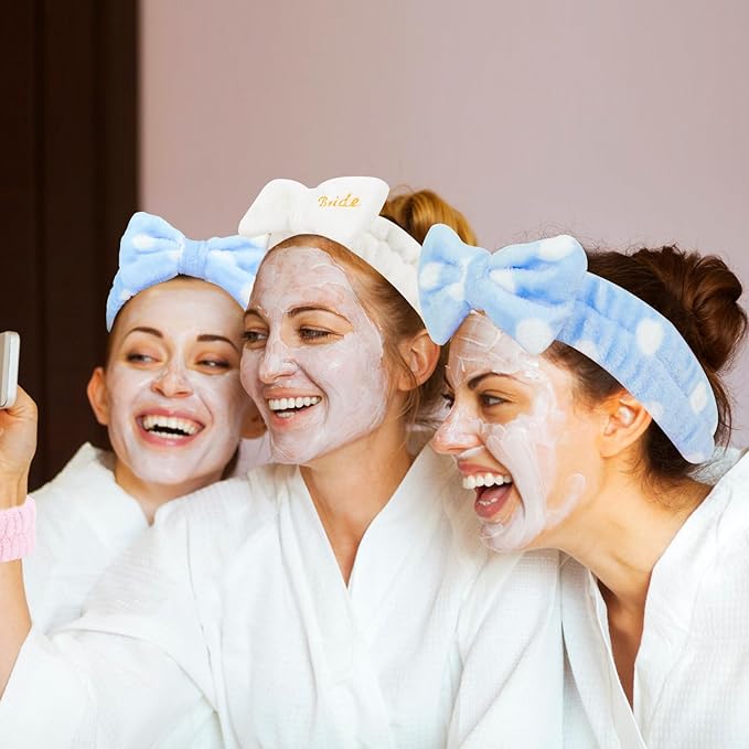 CIEHER Spa Headbands for Bachelorette Party Favors, 8 Pcs Blue Dot Spa Headbands for Bride & Bridesmaid, Bachelorette Gifts for Bride's Skincare & Makeup