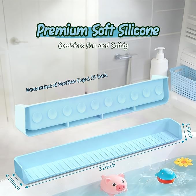 Bathtub Splash Guard for tub Kids& Bath Shelf for Kids – Toddler Bath Tray, Bath Toys Storage & Ledge Organizer – Splash Guard for Bathtub with Suction Cups – Kids Bathroom Accessories(2.6FT, Blue)