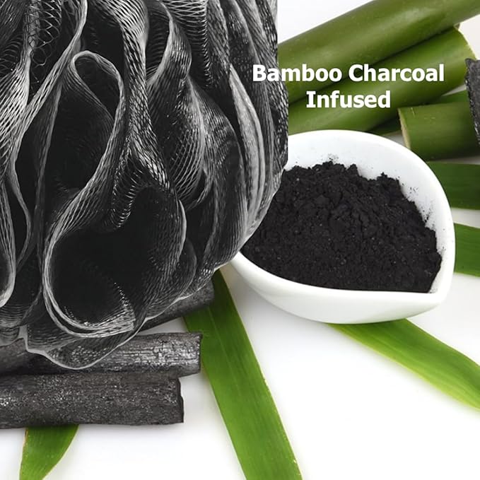 SHOWER BOUQUET Loofah-Charcoal Back-Scrubber & Bath-Sponge Set // 1 Long-Handle-Back-Brush Plus 2 Extra Large 75g Soft Mesh Loofa-Lufa-Loufa Puff Poufs, Men & Women - Exfoliate with Full Pure Cleanse