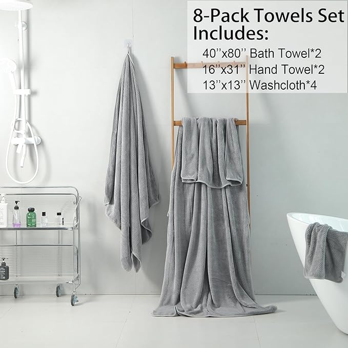 8 Pack Towel Set (2 Extra Large 40"x 80" Bath Towels Sheet,2 Hand Towels,4 Washcloths) Gray Oversized Bath Sheet Sets for Adults Soft Highly Absorbent Quick Dry Towels Set for Bathroom Hotel Spa