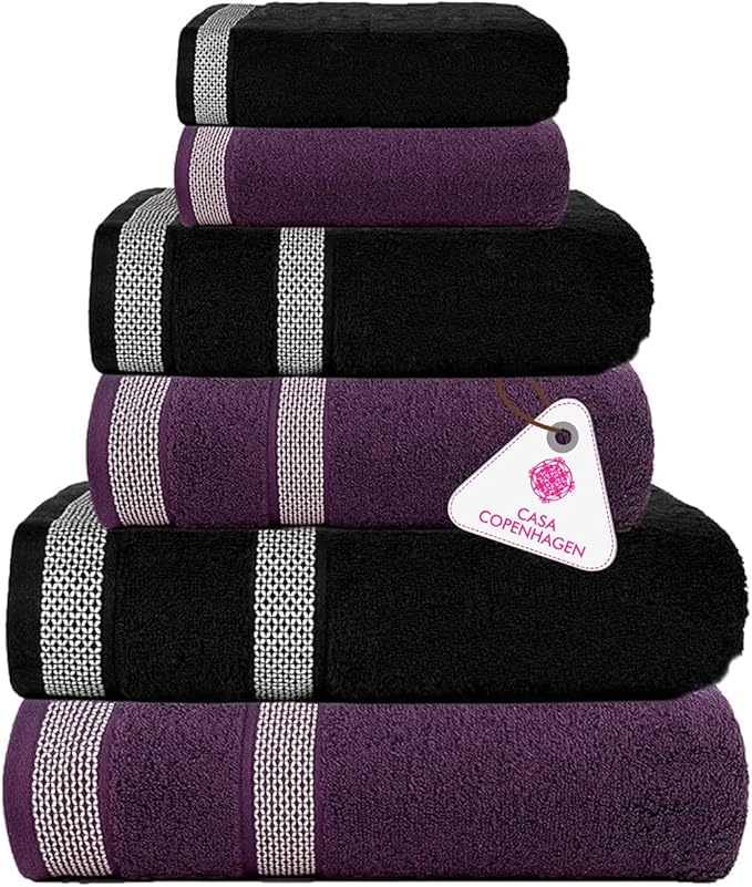 CASA COPENHAGEN Solitaire 6Pcs 100% Egyptian Cotton Large Designer Towels Gift Set- Black - Dark Purple, 600GSM, 2Bath 2Hand 2Washcloths, Bath Towels for Bathroom Set for Women & Men