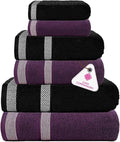 CASA COPENHAGEN Solitaire 6Pcs 100% Egyptian Cotton Large Designer Towels Gift Set- Black - Dark Purple, 600GSM, 2Bath 2Hand 2Washcloths, Bath Towels for Bathroom Set for Women & Men