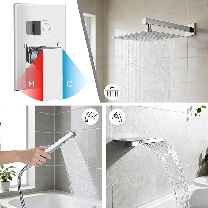 Midanya Shower System with Tub Spout,Bathtub Shower Faucet Set with Square Rainfall Head and Handheld Sprayer Wall Mount Tub Faucet Set with Valve and Trim Kit,10 Inch Polish Chrome