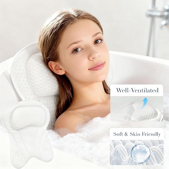 Luxury Bath Tub Pillows for Head and Neck, 4D Breathable Air Mesh Bath Pillow with Non-Slip Suction Cups, Ergonomic Back Support Spa Gifts with Silk Eye Mask
