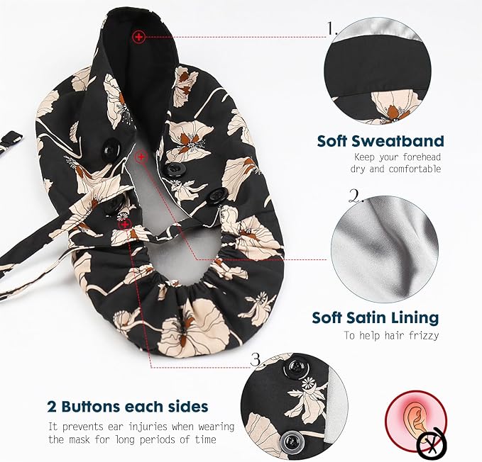 Satin Lined Scrub Caps with Buttons & Sweathand, Surgical Caps for Women