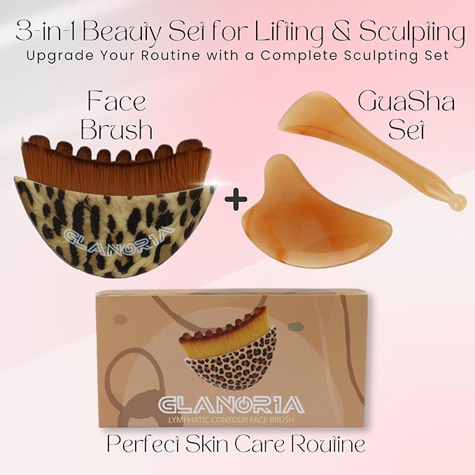 3 in 1 Lymphatic Contour Face Brush – Face Brush for Lymphatic Drainage with Soft Bristles & Plastic Handle, 2 Gua Sha Tools for Facial Sculpting, Jawline, Double Chin & Depuffing