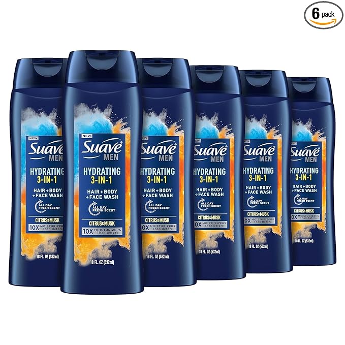 Suave Men Moisturizing Body, Face and Hair Wash, 3-in-1 For Hydrated Skin and Hair, Citrus & Musk scent, No Parabens, No Phtahaltes, 18 Oz Pack of 6