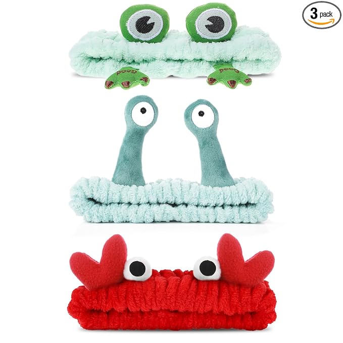 WLLHYF 3 Pack Spa Headband Face Wash Hairband Facial Makeup Head Wraps Cartoon Elastic Head Band Cute Frog Snail Crab Shower Headband Creative Hair Accessories for Beauty Skincare Sports