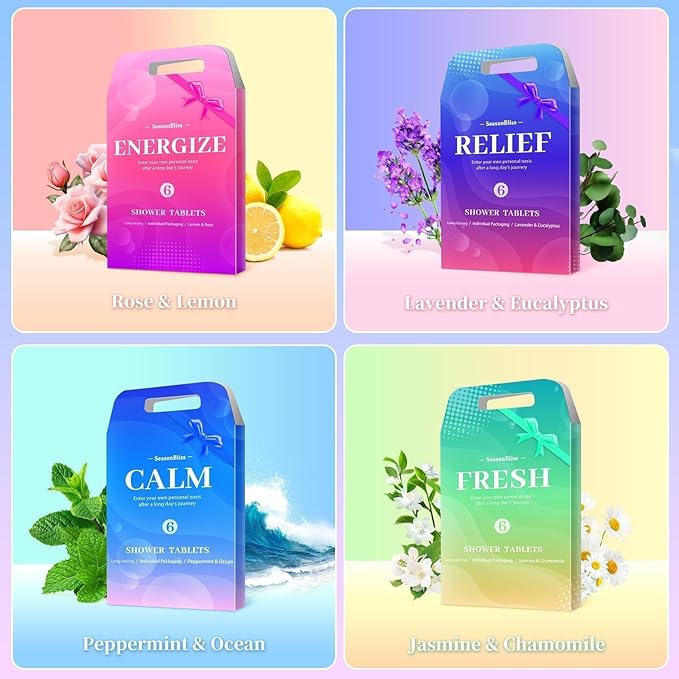 SeasonBliss Shower Steamers 24 Pack, Shower Tablets, Natural Ingredients, 8 Different Scents, Individually Wrapped Shower Steamer, Valentine's Day Shower Steamers for Women
