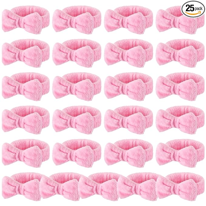 25 Pcs Pink Spa Headband Bulk Pink Makeup Headbands for Washing Face Cute Bow Hairbands Soft Coral Fleece Hairbands for Women Face Skin Care Makeup Spa Gift Shower Yoga