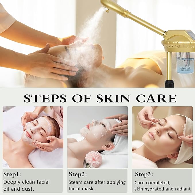 Professional Facial Steamer on Wheels,Gold Ozone Steamer for Face with 30-Minutes Timer,Spa Face Steamer for Deep Facial Cleansing (FS-03, 21-Gold)