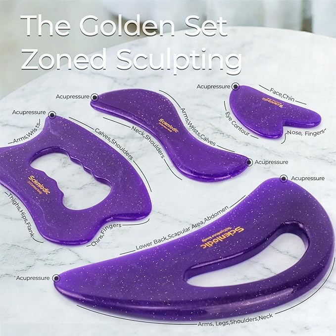 Scienlodic 4 Pcs Gua Sha Massage Tools for Face & Body (Purple, Resin) - Guasha Scraping Tool for Jawline Contouring, Puffiness Reduction, Neck, Back, Legs & Muscle Relaxation