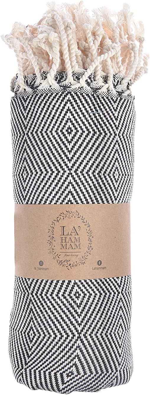 Personalized embroidered Beach Towel | Throw Blanket, Easy Carry, Sand Free, Highly Absorbent, Quick Dry, Turkish Towels for Camping Bath Sauna Beach Gym Pool Yoga SPA by Lahammam, Mediterranean Black