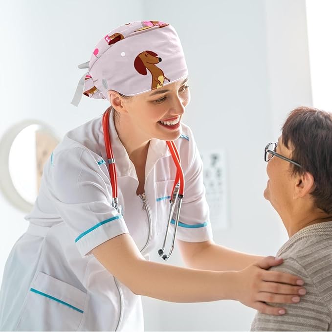 Ethnic Aztec Pattern Adjustable Scrub Cap Hat with Button, Working Hat Sweatband with Bow Hair Scrunchy for Woman