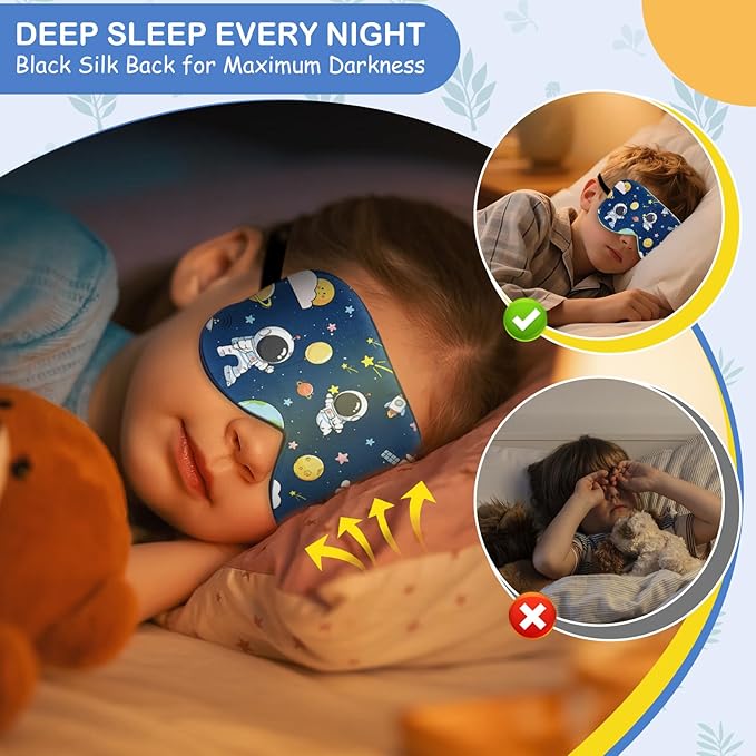 Kids Silk Sleep Mask: 100% Mulberry Silk Eye Mask with Adjustable Strap, Cute Sleeping Blindfold for Boys Girls Teens, Soft & Lightweight Eye Shade for Travel, Nap, Bedtime (Space Style)
