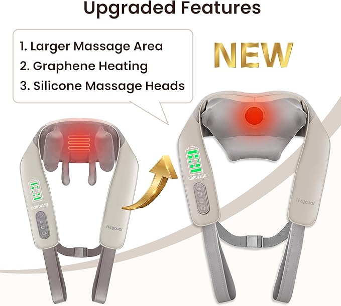 Heycool Cordless Neck and Shoulder Massager, Graphene Heating, Upgraded Shiatsu Back Massager Pillow for Neck, Shoulder