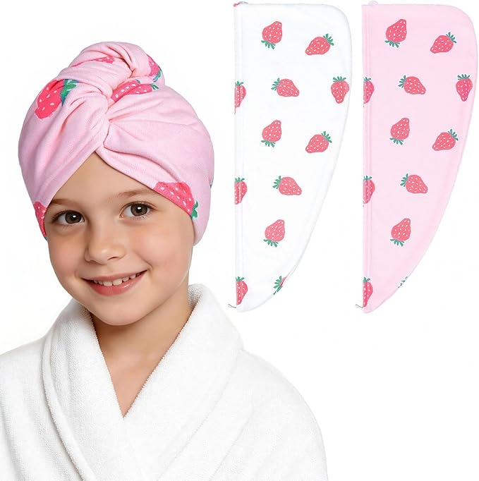 2 Pack Microfiber Hair Towel Wrap for Girls, Quick Dry Hair Turban for Kids, Absorbent Frizz-Free Hair Drying Towel with Button for Long Thick Curly Hair, Pink White Strawberries