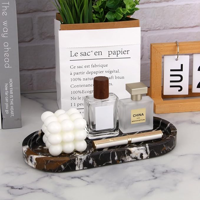 Natural Marble Tray Oval, Bathroom Vanity Tray for Countertop, Elegant Stone Decorative Organizer for Perfume, Jewelry, Home Decor (1, Black Gold, 10 x 5 x 0.6)