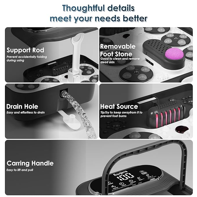 Ranjova Collapsible Foot Spa Electric Rotary Massage, Foot Bath with Remote Control, Heat, Bubble, Temp Control, and 24 Motorized Shiatsu Massage Balls, Pedicure Foot Spa Tub for Stress Relief (Black)