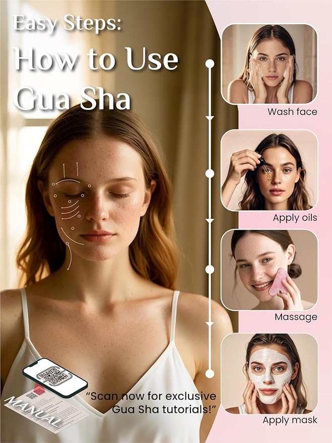 Rena Chris Gua Sha Facial Tools, Pink Stone Guasha Tool for Acupuncture, Manual Massage Tool for Jawline Sculpting and Puffiness Reducing, Gua Sha Facial Massage Tool, Skin-Care Gift (Pastel Pink)