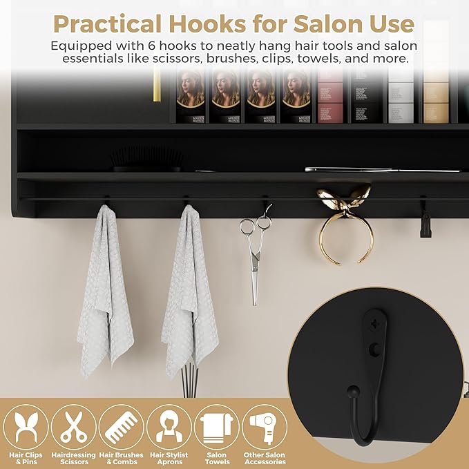 Salon Station Barber Color Bar with Drawers & Adjustable Shelves, Salon Storage Cabinet and Wall Mounted Hair Color Organizer for Salon Display, Black