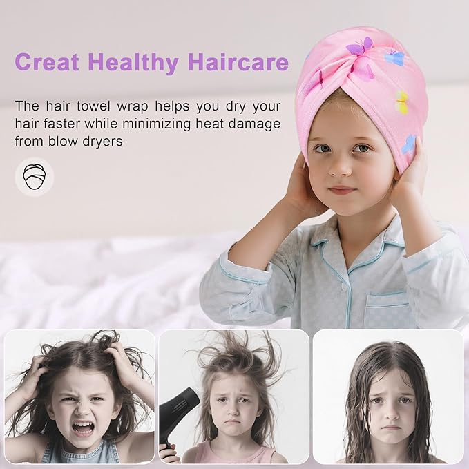Unicorn Castle Microfiber Hair Towel for Kids 2Pack Hair Wrap Towels Absorbent Hair Drying Towel Wrap Hair Turbans for Curly Thick Hair, Purple Pink Butterfly