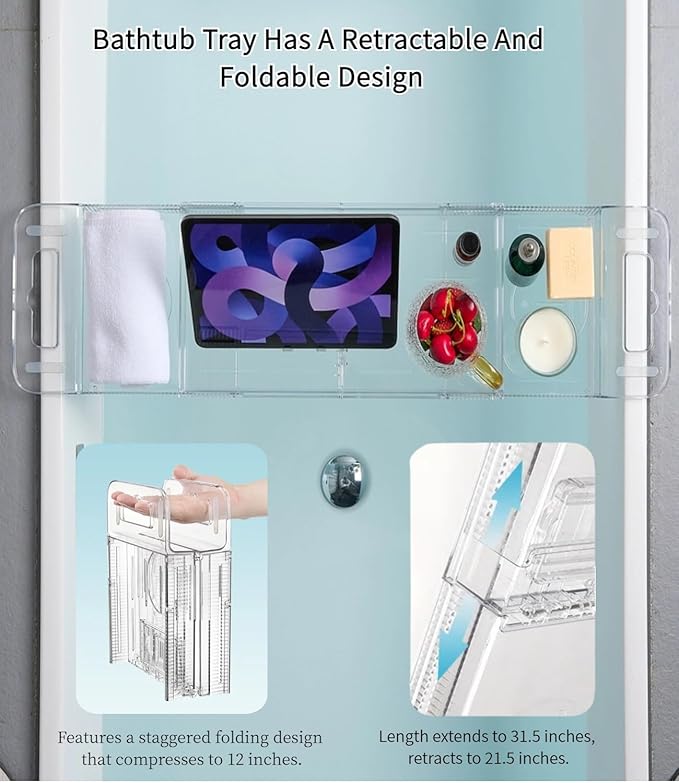 Bathtub Caddy Tray,Adjustable Bathtub Tray Table, Bath Organizer for Relaxing Spa-Features 2 Cup Holders, A Phone Stand with 5 Angle Adjustments,Non-Slip Silicone Pads,Won't Get Moldy,Easy to Clean.