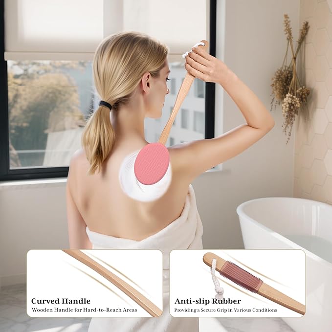 AmazerBath Lotion Applicator for Back, Feet, 4 Replacement Pads with 17" Curved Handle, Back Sunscreen Applicator for Kids, Elderly, Women, Apply Skin Cream Medicine Moisturizer Tanner, Apricot Red