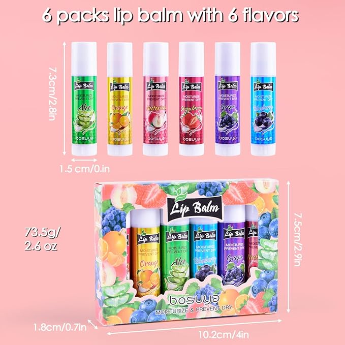 6 Pack Lip Balm, Fruit Flavoured Lip Balms, All Day Moisturising, Soft Natural Lip Balm with Vitamin E and Coconut Oil for chapped or dry lips.