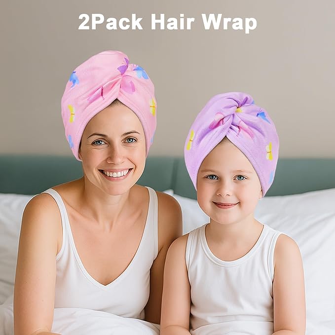 Unicorn Castle Microfiber Hair Towel for Kids 2Pack Hair Wrap Towels Absorbent Hair Drying Towel Wrap Hair Turbans for Curly Thick Hair, Purple Pink Butterfly