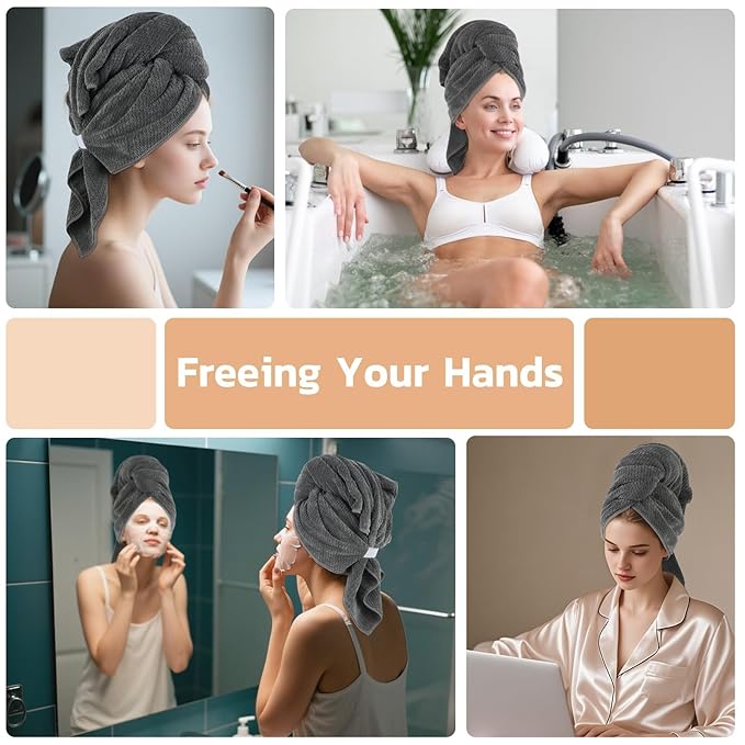 SUNLAND Microfiber Hair Towels Anti Frizz Hair Drying Towel Super Absorbent Fast Drying Turbans for Wet Curly Hair Soft Hair Towel Wrap with Elastic Band for All Hair Types 40 X 28 inches 2Pack Grey